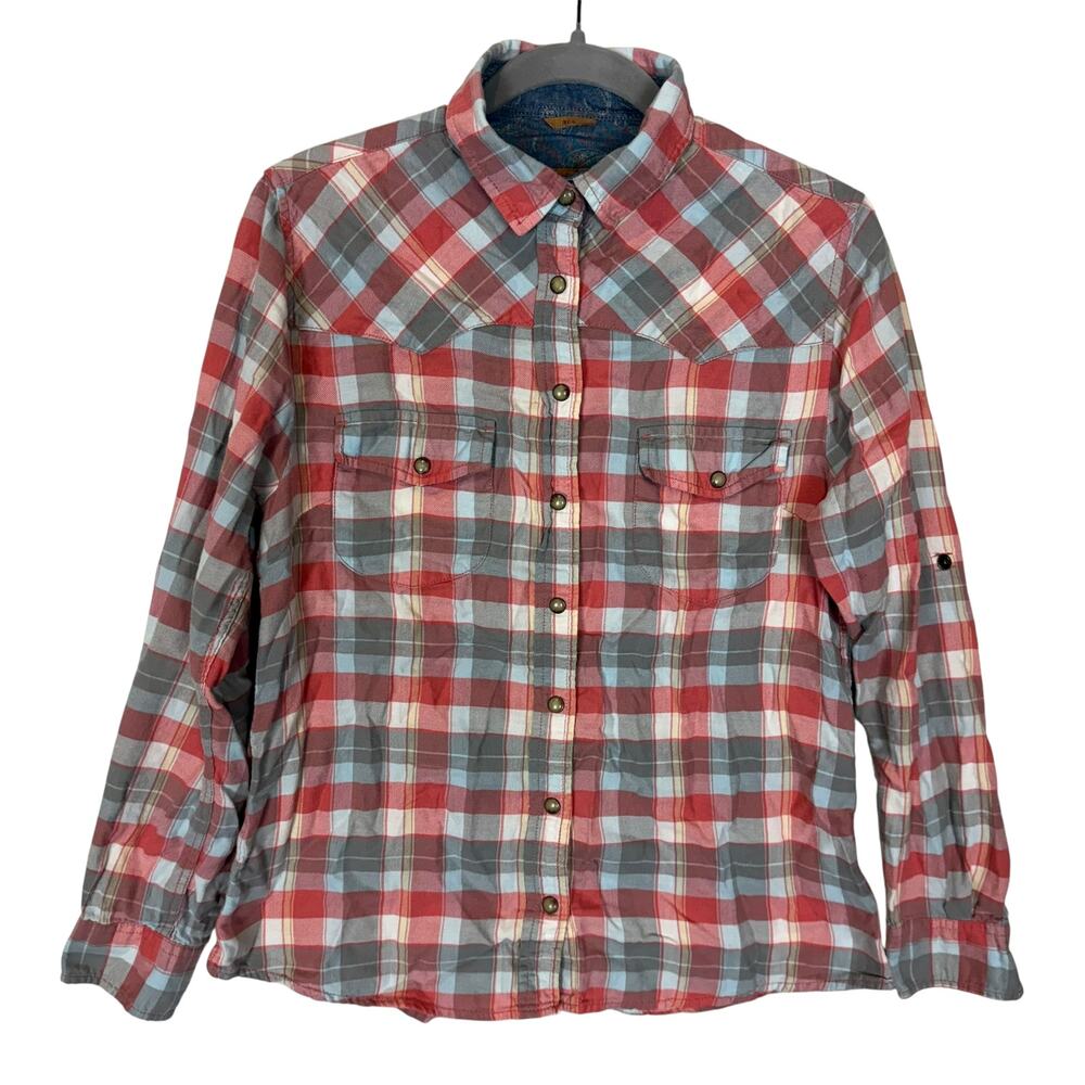 Jachs Girlfriend‎ BEA Flannel Shirt Mens Small Blue Plaid Long Sleeve Snap